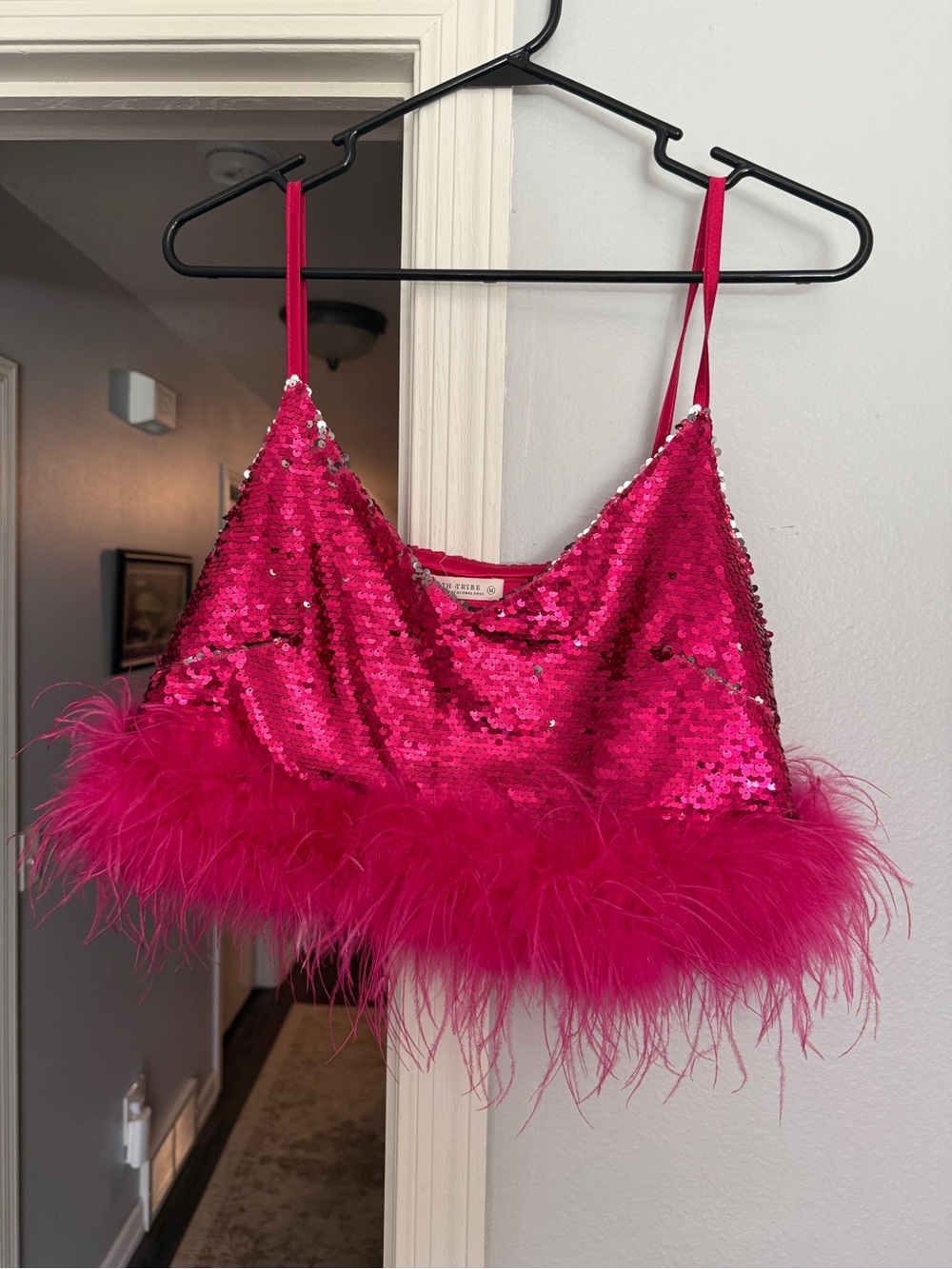 12th Tribe Hot Pink Sequin Feather Trim Tank Top